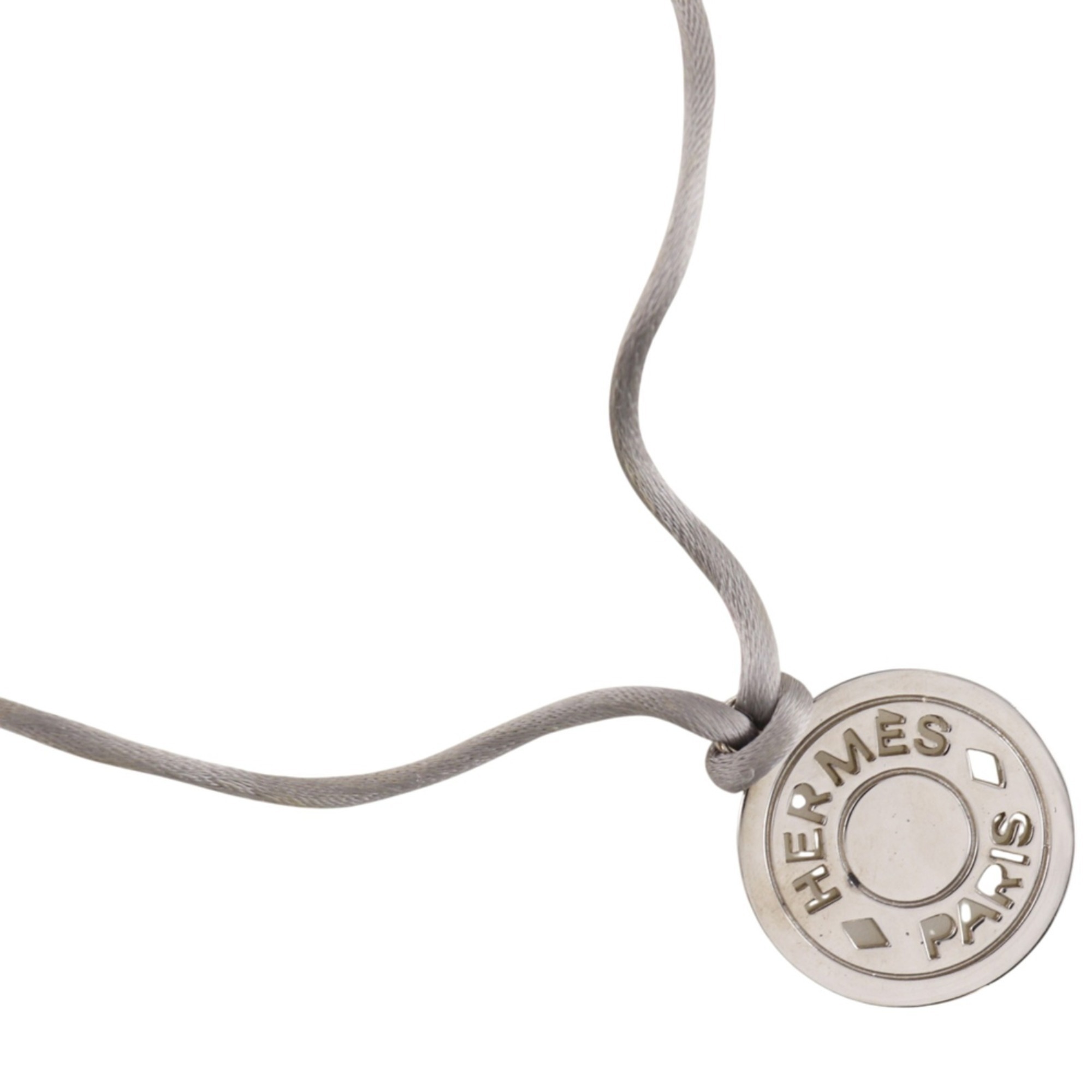 Hermes Serie Medallion Necklace, Silk Cord, Bijouterie Fantaisie, Metal, Gray...